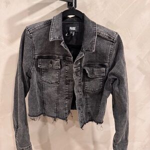 Paige Cropped Denim Jacket. Faded Black Frayed Hem. Size S